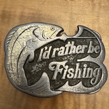 Vintage 1978 Limited Edition Pewter Belt Buckle "I'd Rather Be Fishing" 523