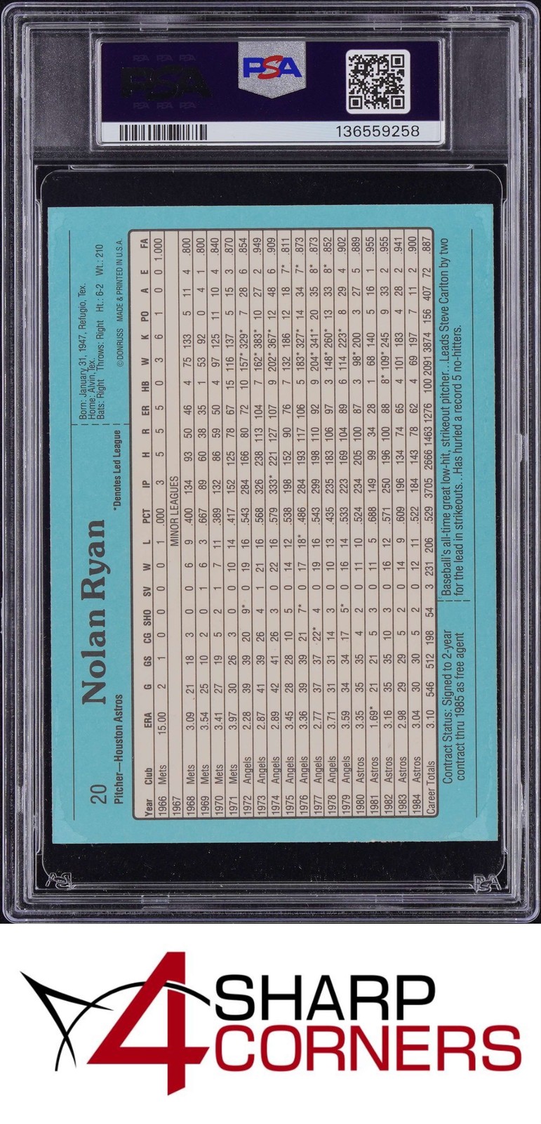 1985 DONRUSS ACTION ALL-STARS #20 NOLAN RYAN ASTROS HOF PSA 9 view 2