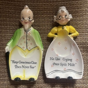 Vintage ceramic Grandpa Grandma Spoon Rests Enesco Japan EUC no use crying …