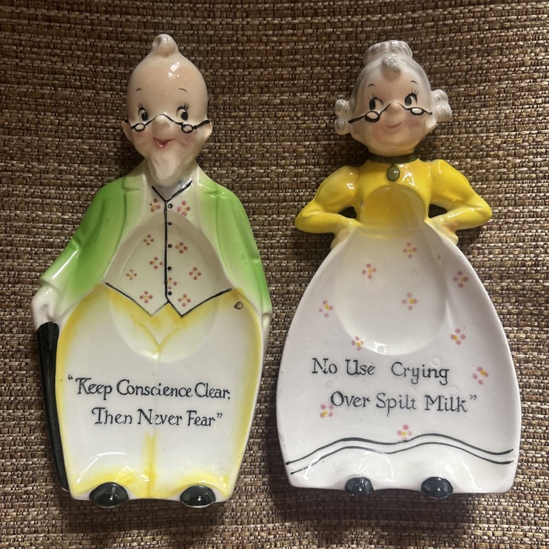 Vintage ceramic Grandpa Grandma Spoon Rests Enesco Japan EUC no use crying …