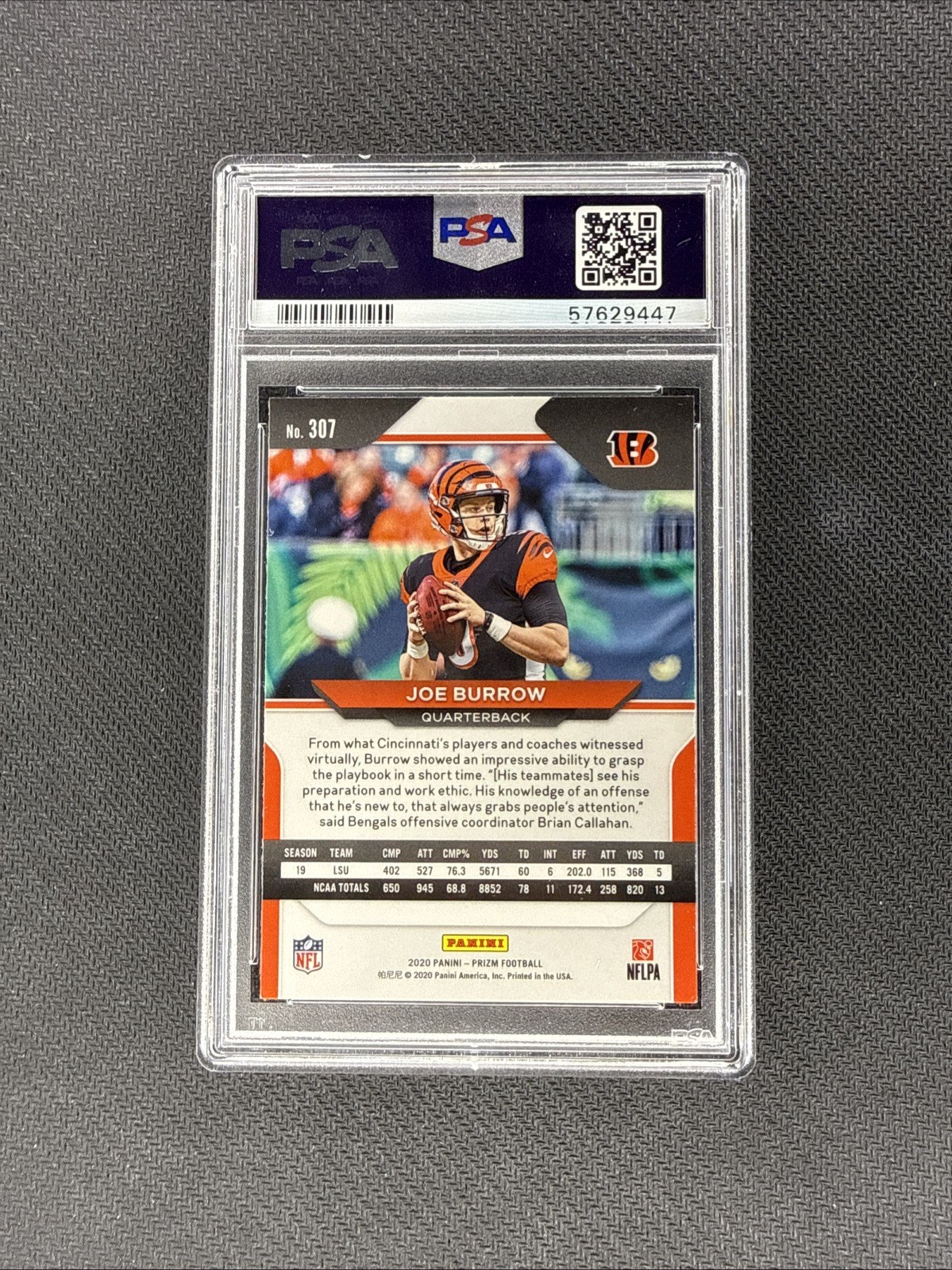 2020-21 Panini Prizm Joe Burrow SP RC #307 Rookie Card PSA 9 Black White view 2