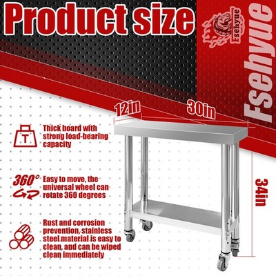 New Stainless Steel Work Table 30''x 12''x 34'' 700 LBS Load Capacity with 4 Wheels