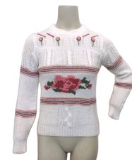 VTG Cable Knit Women's Medium Pullover Sweater Creme Rose Crew Neck 3D Rosebud