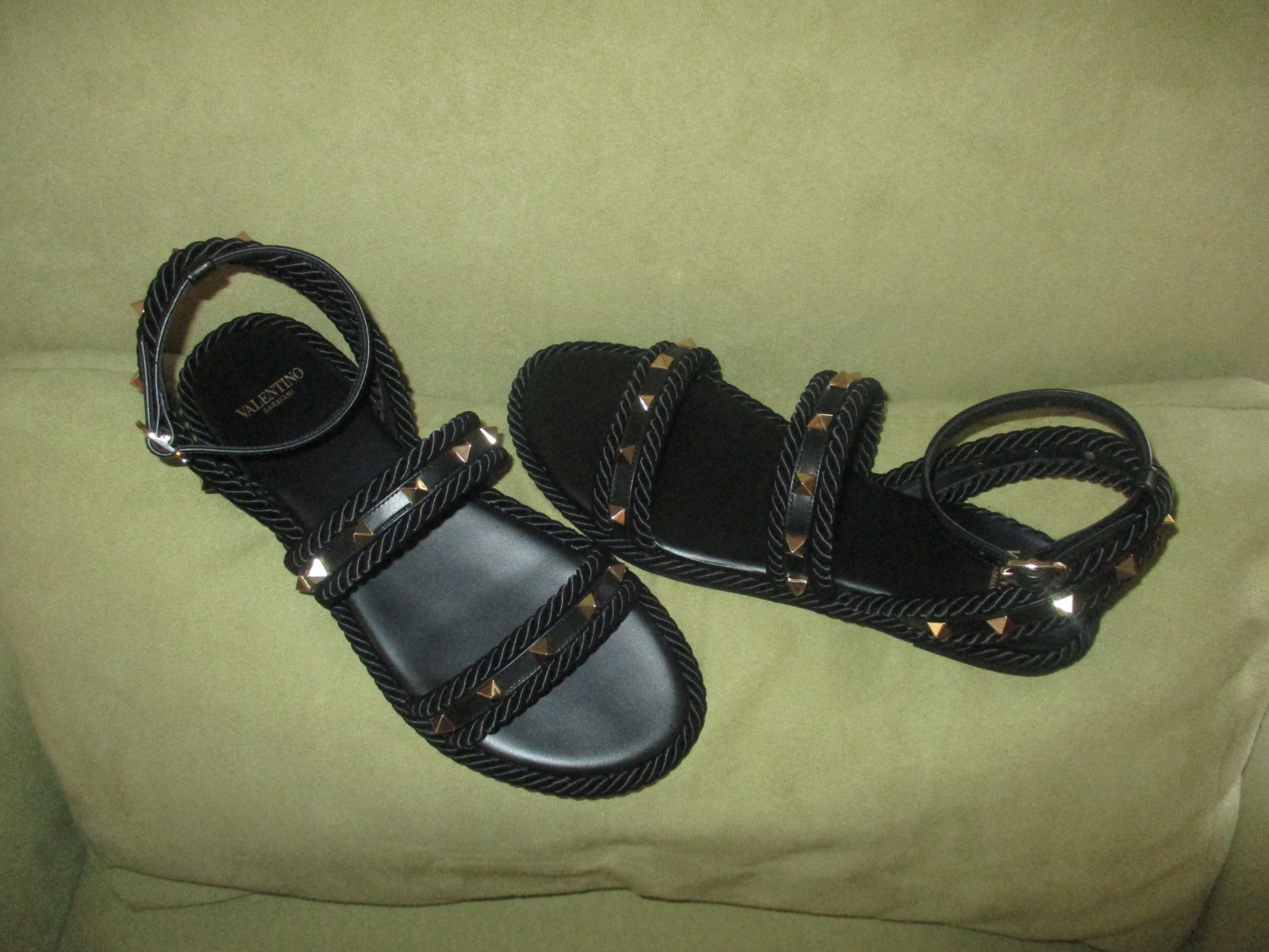 $850 Valentino Garavani Rockstud Leather Torchon Rope Trim Sandals 37 US 7 NIB thumbnail 16