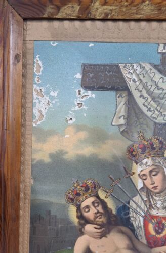 Large Antique Votive Spanish Folk Art Relic Church Print Madonna of Seven Swords - Picture 7 of 10