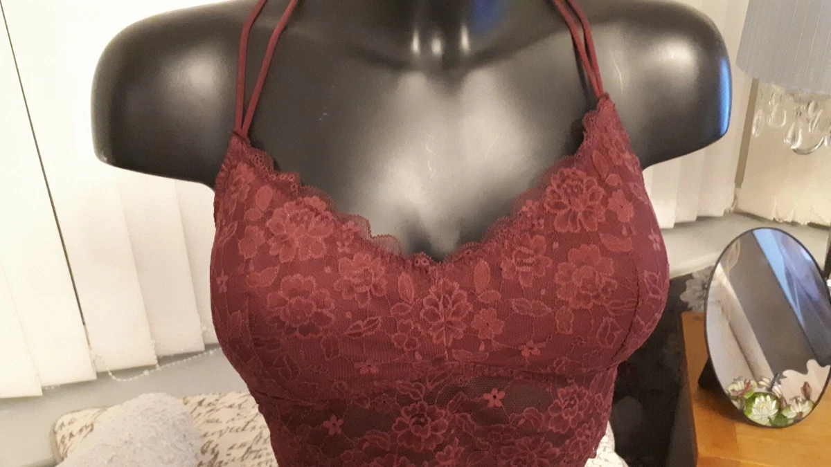 Ladies pretty lace long length bra /bralette/brassiere burgundy Hollister  size l