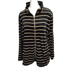Quacker Factory Black  Gold Striped Velvet Zip-Up Jacket XL Vintage, Glam, Cozy