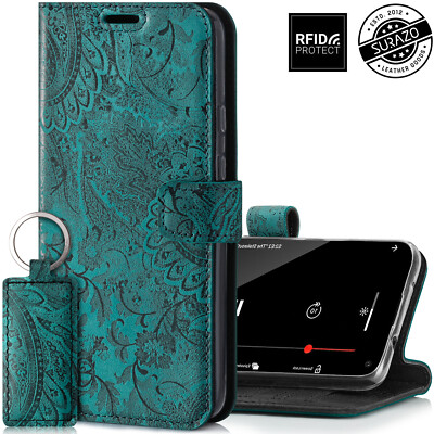 SURAZO BOOK RFID Echtes Ledertasche Handy Hülle Wallet Case Ornament Türkis