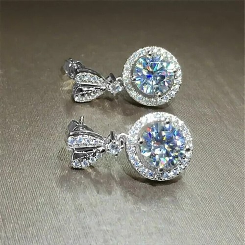 2 Ct Round Cut Lab Created Diamond Dangle/Drop Earrings 14k White Gold Plated - Picture 3 of 6