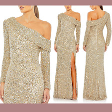 NWT $498 Mac Duggal [ 2 ] 5449 Sequined One Shoulder Gown Shimmering Gold #G1864