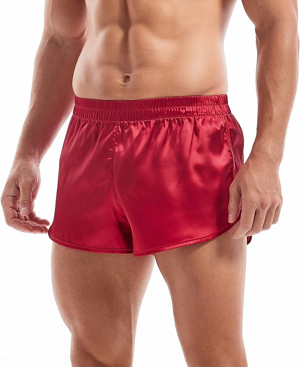 AMY COULEE Mens Satin Shorts Silk Boxers Sexy Split Side Lounge Shorts 3  Inch Pa