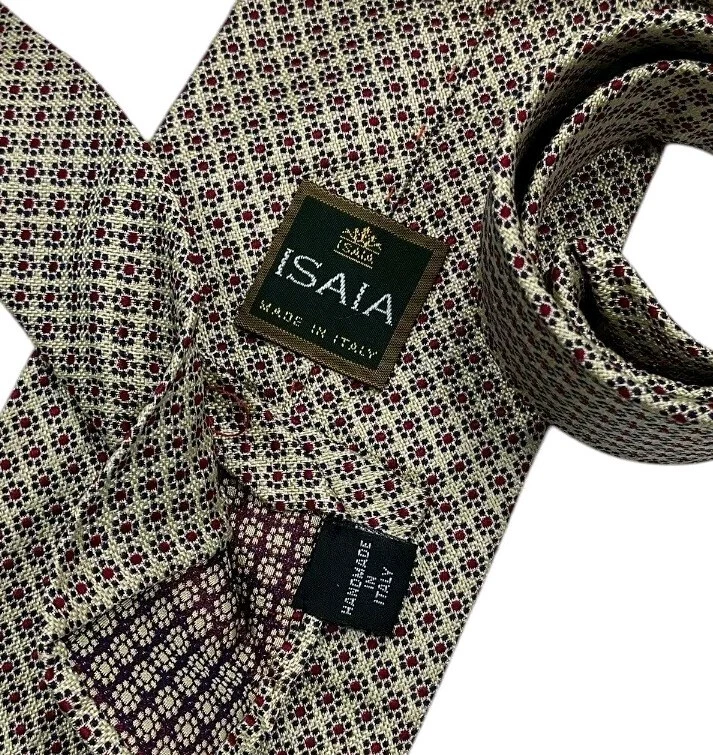 Gravata ISAIA SEM PONTA RARA Bege Floral Seda LUXO FEITA À MÃO ITÁLIA - Imagem 3 de 4