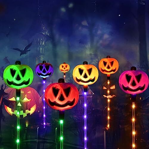 Juego de 6 luces solares de camino de calabaza para decoraciones de Halloween al aire libre, - Imagen 7 de 8