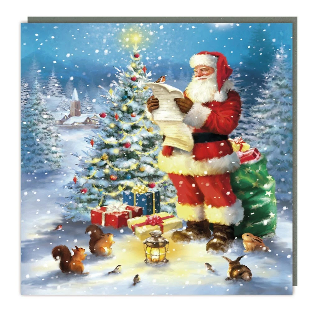 Traditional Santa Claus Christmas Card - Snowy Woodland and