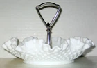 Vintage Fenton White Milk Glass Hobnail Ruffled Bon Bon Candy Bowl with Handle