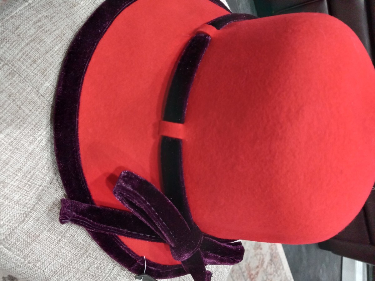 Vintage red wool hats with purple velvet bow fedora ladies 