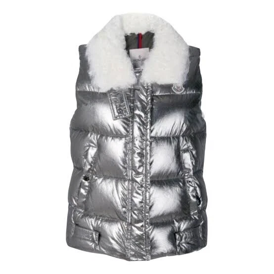 Moncler — Moncler Kerria Puffer Vest Jacket Shearling Collar Goose Down Silver 2 M Au 10