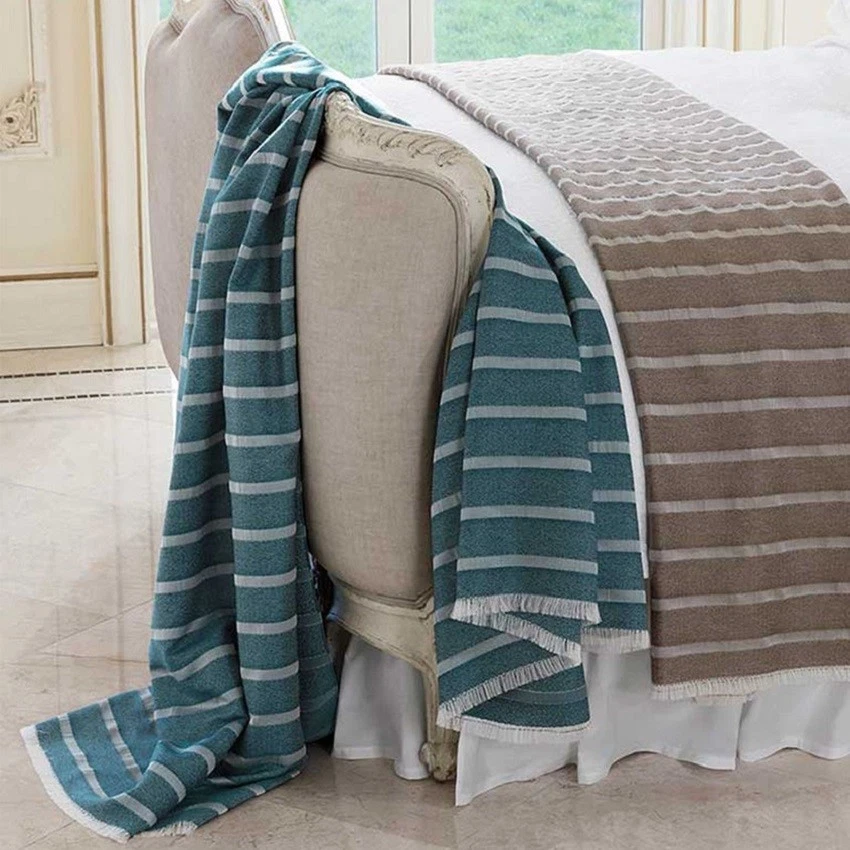 Manta Sferra Marice Dobby Rayas Azul Pavo Real Flecos 55x90" Italia Nueva Foto 2 de 4