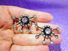 Vintage 50s Mid Century Sunburst Shape Rhinestone  Black Pronged Shoe Clips / V
