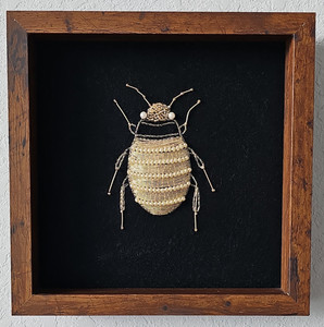 Handmade Beetle Framed Wall Art Gold Wire & Beads on Wood Display Decor