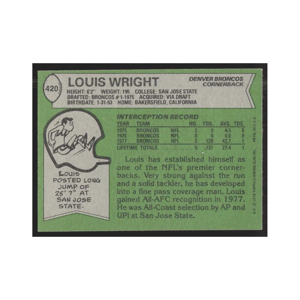 1978 Topps Louis Wright Broncos #420 - Image 2 of 3