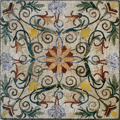 Floral Medallion Mosaic Tile: 32'' Square Marble Inlay