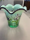 Vintage Fenton Green Glass Vase with Hand-Painted Iris Desgin