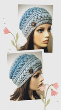 crochet womans handmade button hat beanie lapis blue puffs