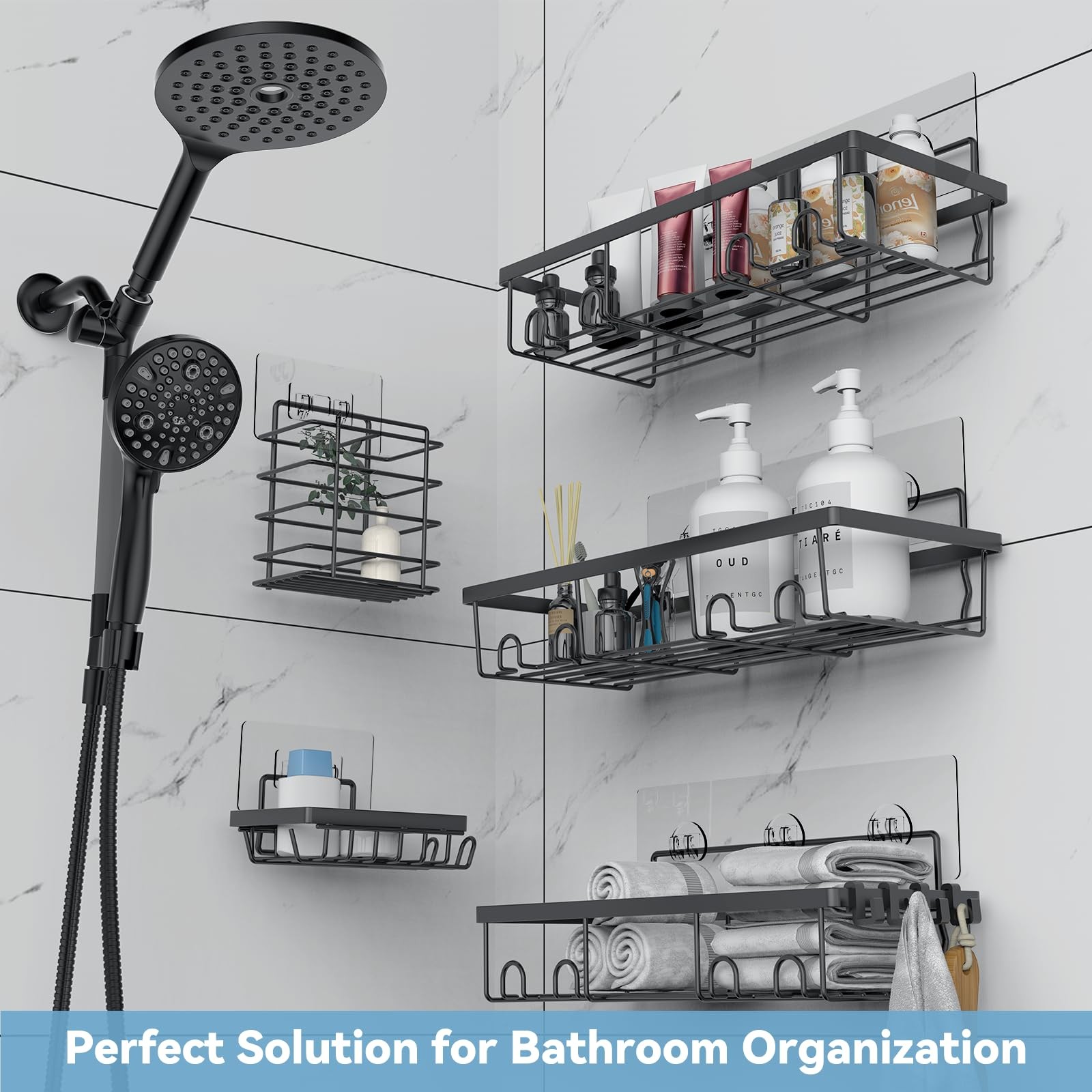 5 Pack Shower Caddy Adhesive Organizer for Bathroom & Kitchen Large Capacity