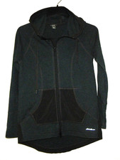 Eddie Bauer Top Women S Gray Turquoise Stripe Full Zip Hooded Activewear Pockets