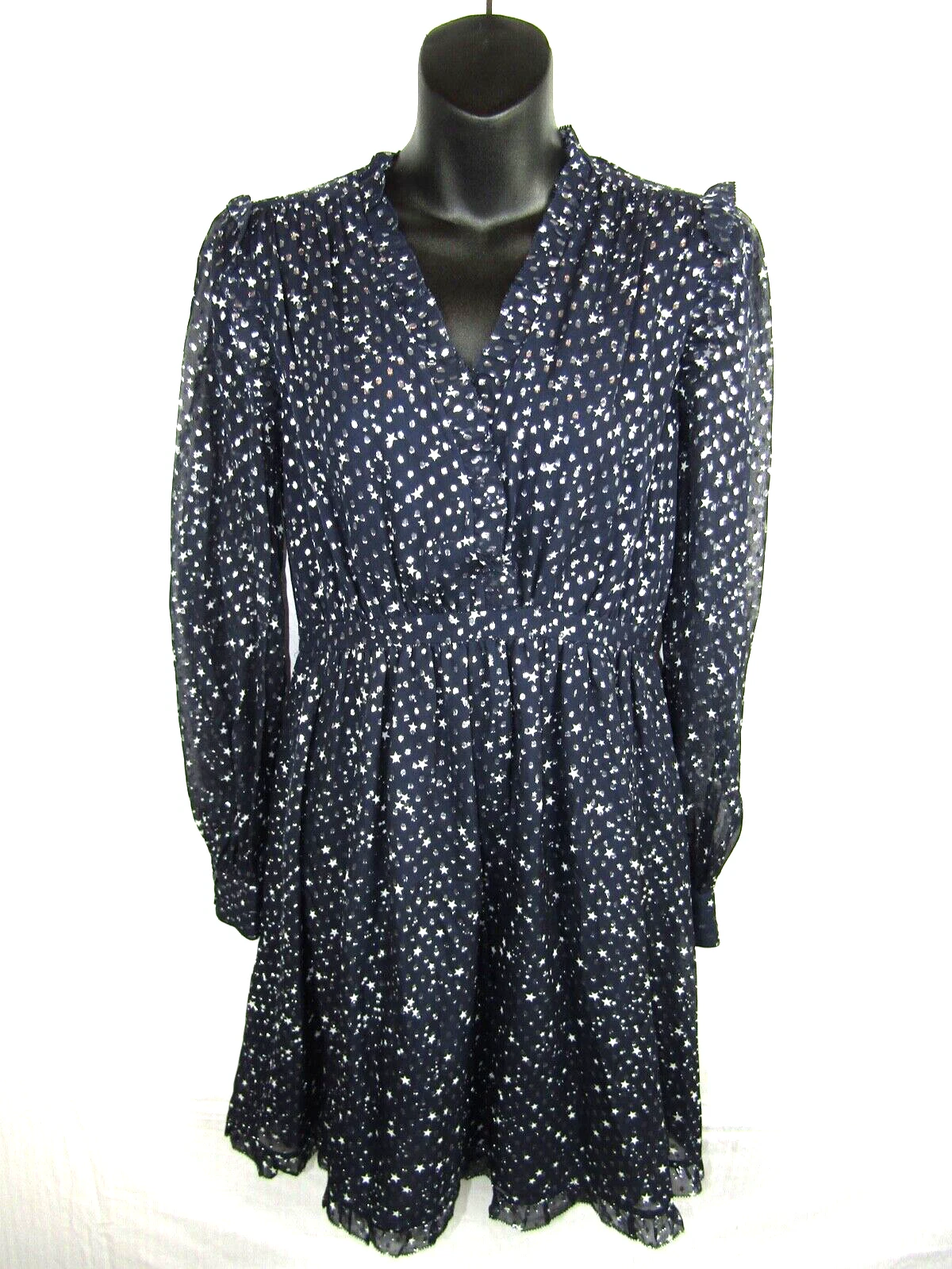 Abito Kate Spade Night Sky stelle metallizzate seta taglia 2 blu argento manica lunga