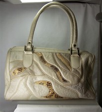 Vintage 1980's Beige Handbag with Textured Leather and Snakeskin Collage Great