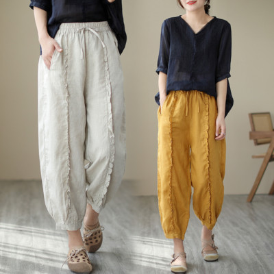 Lady Cotton Linen Harem Pants Drawstring Cropped Trousers High Elastic Waist 