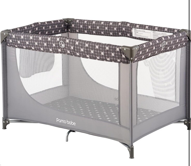 Pamo Babe Portable Enclosed Baby Playpen Crib with Mattress and Carry Bag, Gray