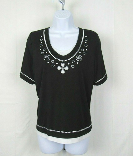 Vintage 1980er 90er TANJAY PETITIES TOP GRÖSSE LARGE SCHWARZ WEISS STICKEREI AUSSCHNITTE - Bild 9 von 11