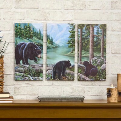 3Pc Woodland Bear Wall Canvas Nature Jungle Wildlife Evergreen Lake Wall Canvas