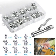 61PCS Grease Gun Coupler Fittings Kit with M6 M8 M10 45° 90° 180° Angled Nozzles