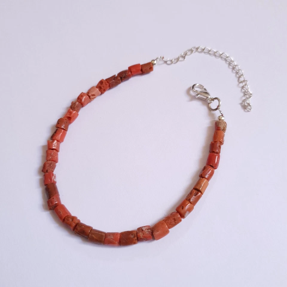 Pulsera con cuentas de tambor de coral rojo italiano natural pulsera de piedras preciosas 7 a 9 Inc Foto 3 de 4