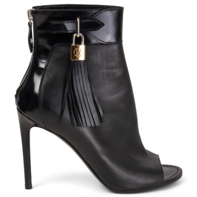 65325 auth LOUIS VUITTON black leather TASSLE PEEP-TOE