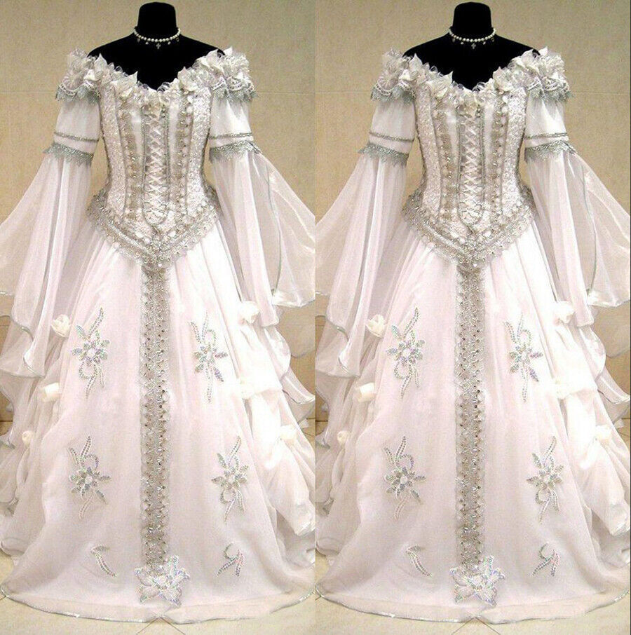 Medieval Victorian Gothic Off Shoulder Wedding Dresses Long Sleeve Bridal  Gown