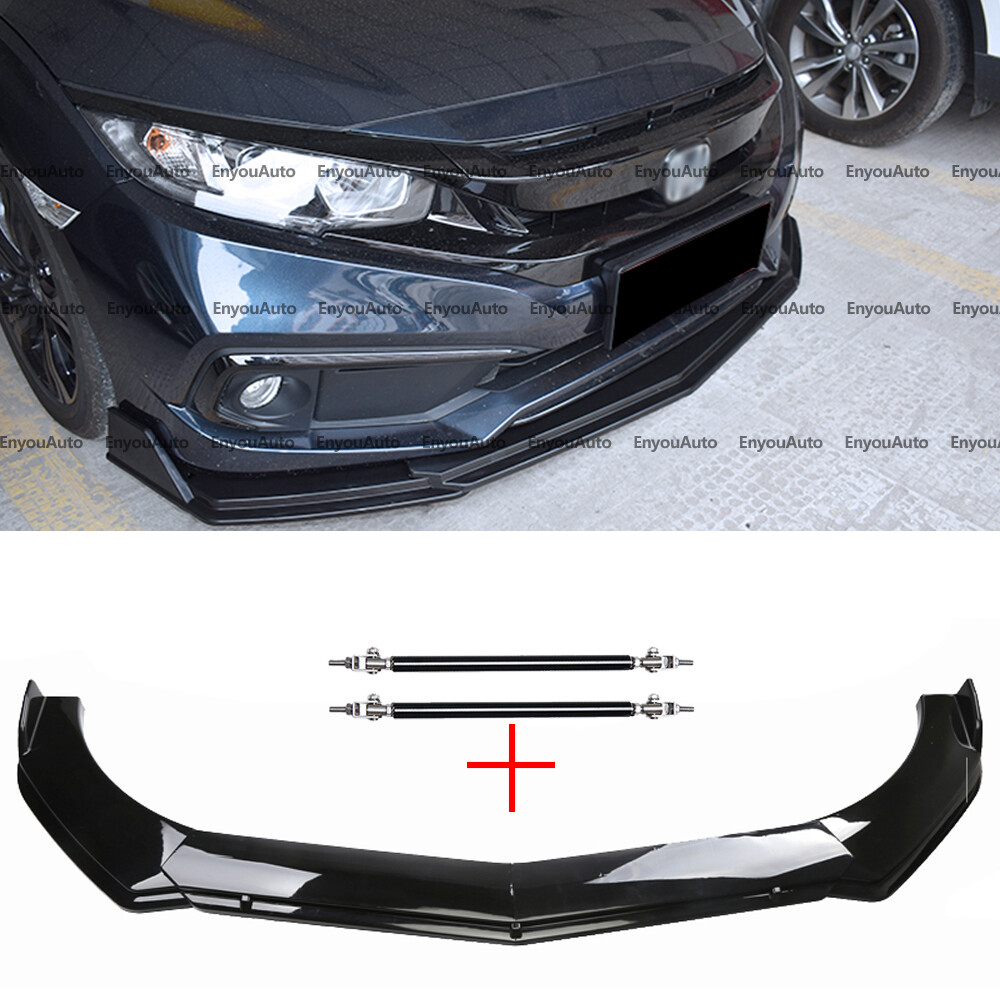 For Honda Accord Front Bumper Lip Spoiler Splitter + Strut Rods Glossy Black