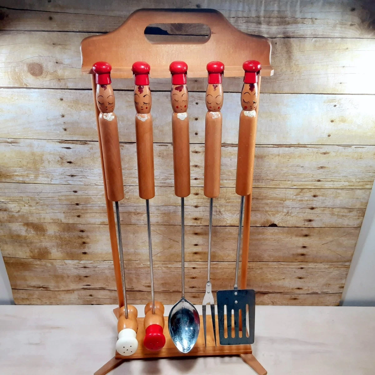 Vintage 50s Complete BBQ Grill Tool Utensil Set W Wood Rack Painted Faces Japan