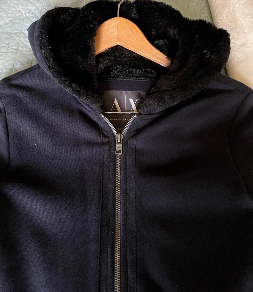 AX ARMANI EXCHANGE: GORGEOUS Dark Blue Vintage faux-fur lined Hoodie Jacket  | eBay
