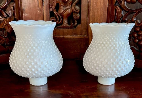Vtg  2 Matching Milk Glass Hobnail Ruffled Hurricane Lamp Shade Globe