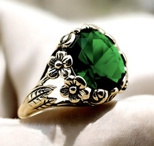925 SOLID STERLING SILVER VIVID GREEN SIMULATED EMERALD FILIGREE RING 1771
