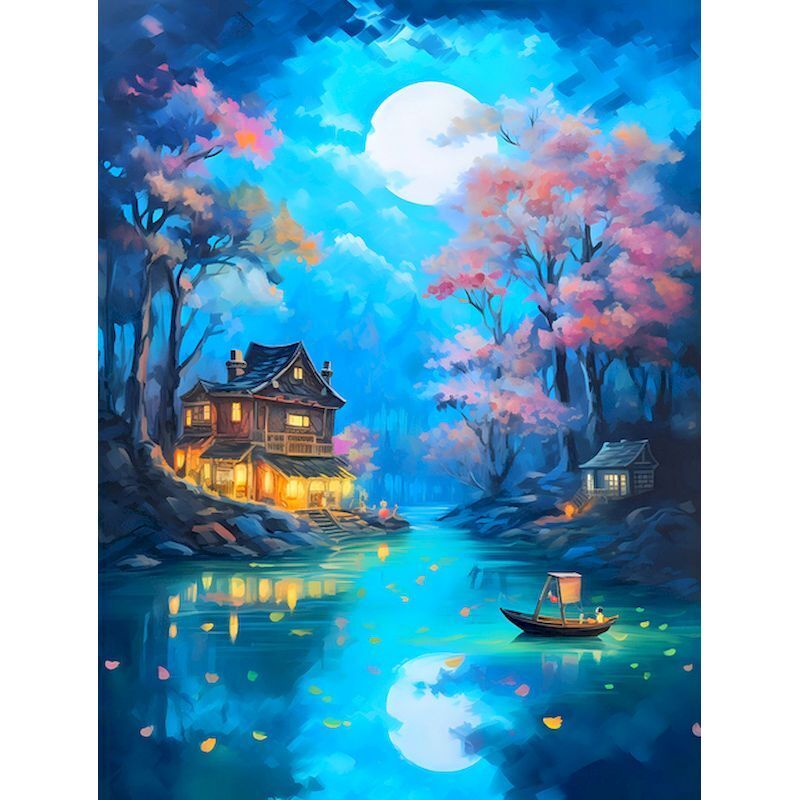 Pintura de diamantes casa cabina junto a la orilla hermoso diseño retrato decoración de pared