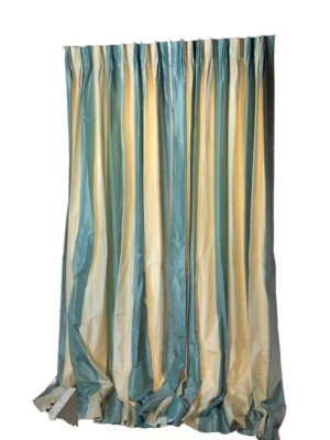 Pair Custom Made Silk Taffeta Blue Stripe Pinch Pleated Draperies 99'' L x 32'' W