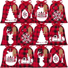 12 Pieces Christmas Drawstring Gift Bags Red and Black Plaid Drawstring Bags ...