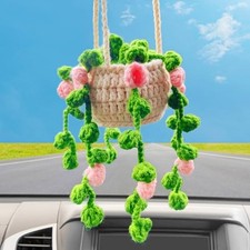 Handmade Crochet Potted Plants Rear View Mirror Accessories, Safe Car Pink a