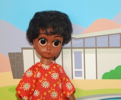 Vintage Susie Sad Eyes Soul Sister African American Doll in Orig Flower Dress
